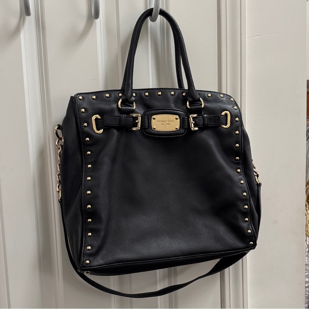 Michael Kors Large Black Studded Satchel with Gold Details